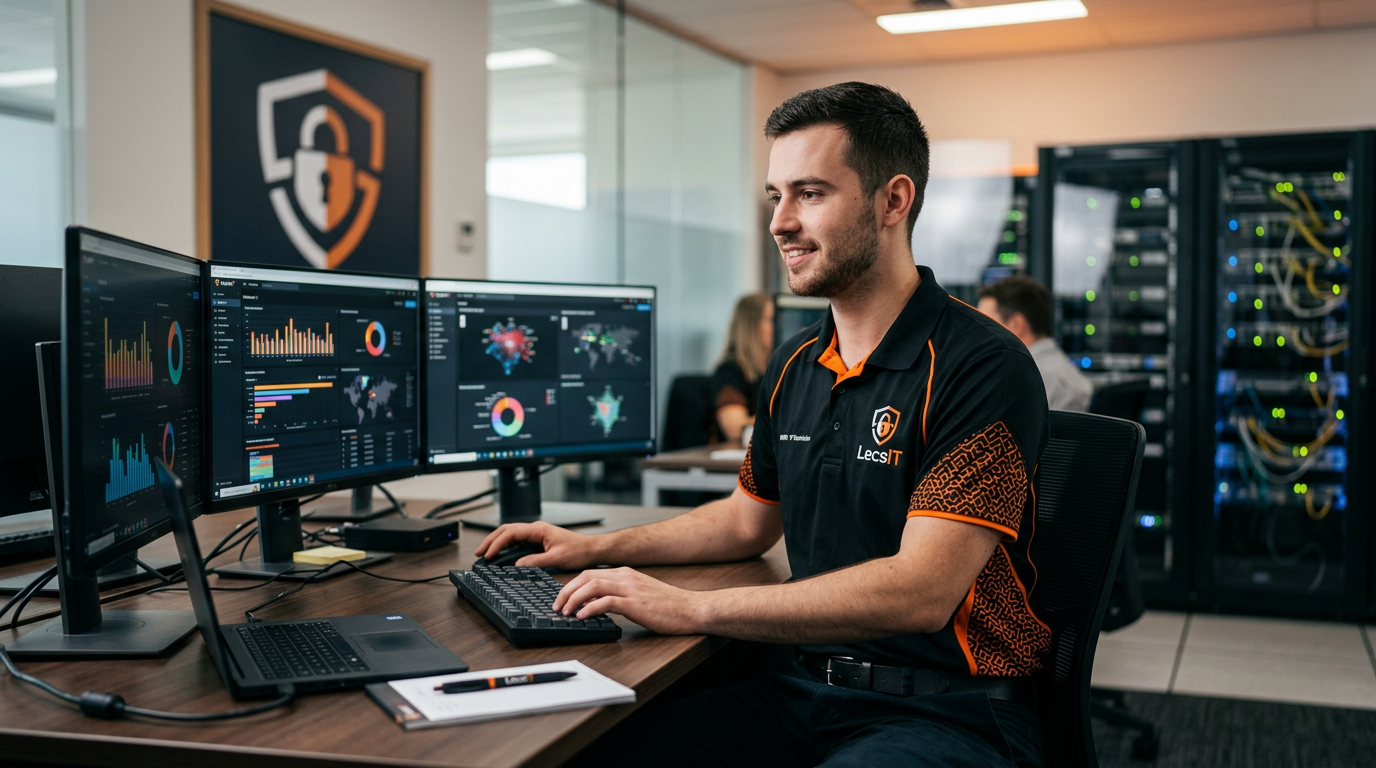LecsIT technician monitoring cybersecurity dashboards