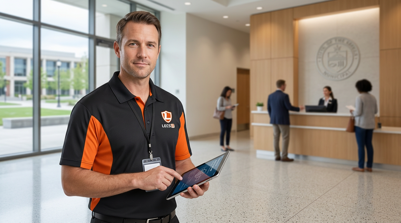 LecsIT technician wearing the company polo shirt supporting a local government office