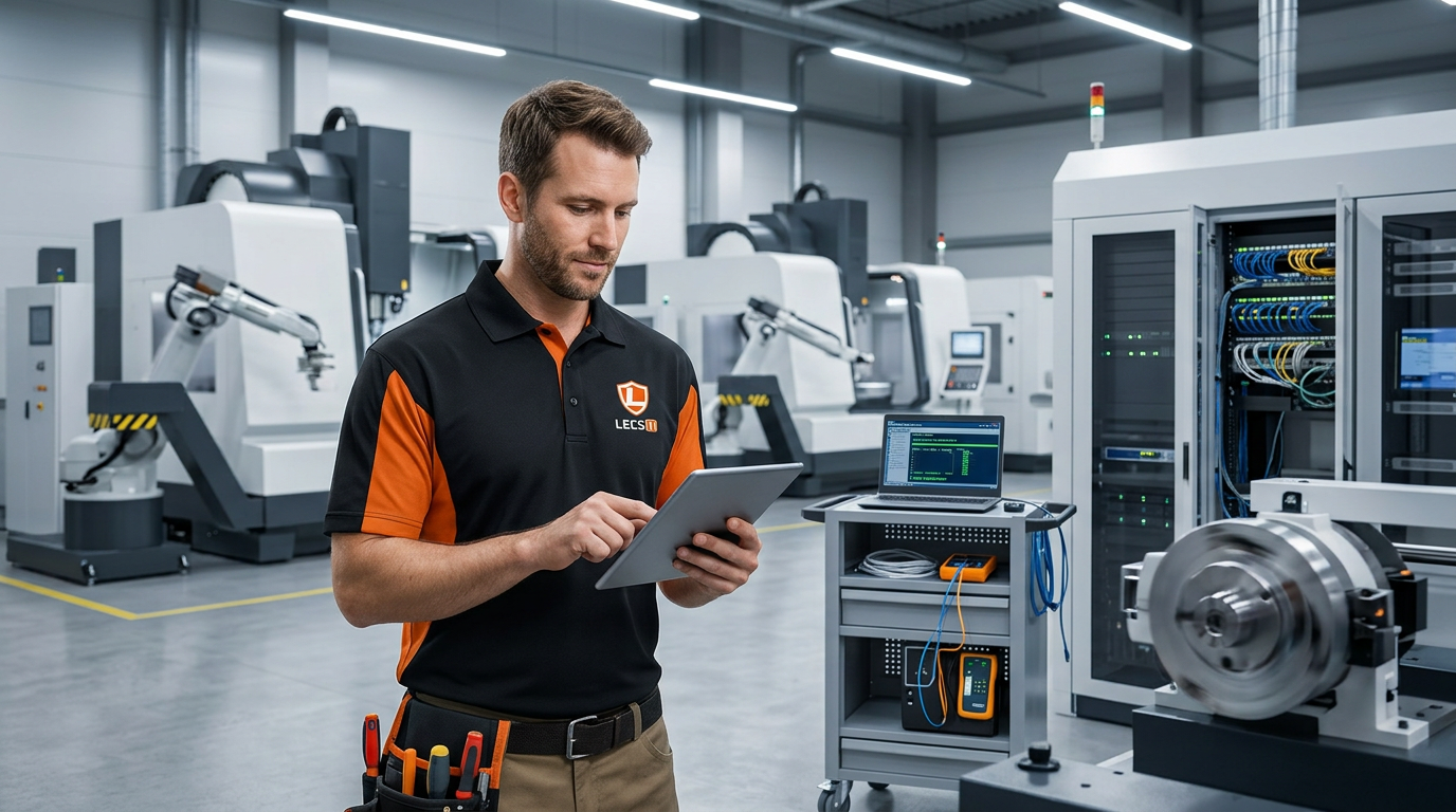 LecsIT technician wearing the company polo shirt in a manufacturing environment