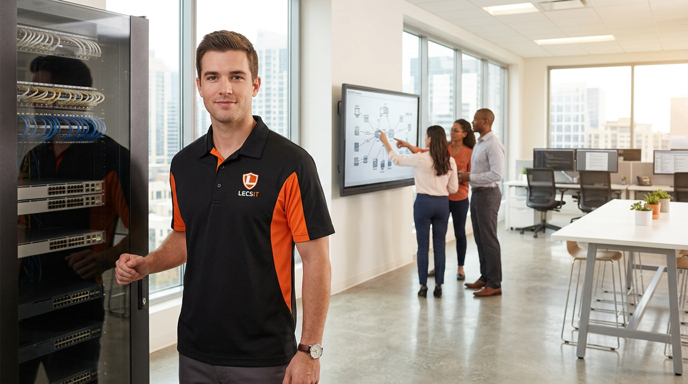 LecsIT technician wearing the company polo shirt in a professional services office